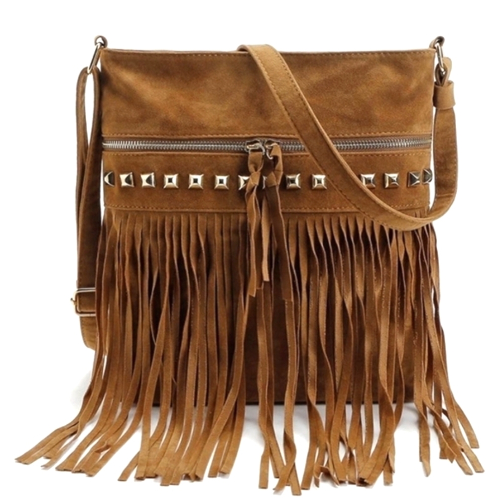 Brown Hippie Festival Purse Vintage 1970 Costume Tassel Studded 70s Style Purses - Picture 7 of 9